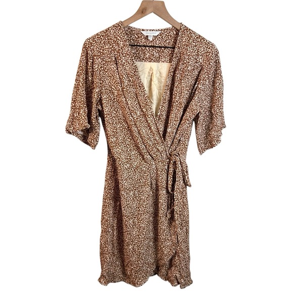 Garnet Hill Womens 6 Brown Animal Print Short Sleeve Crepe Wrap Dress - Picture 1 of 4